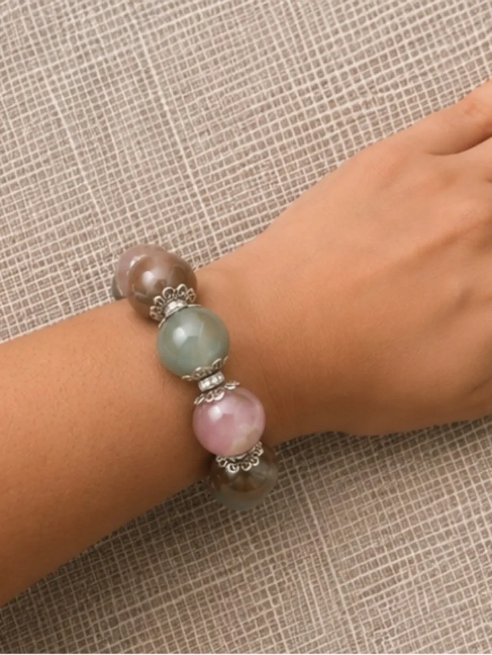 Multicolor Beaded Stretch Bracelet - Pink, Green & Brown